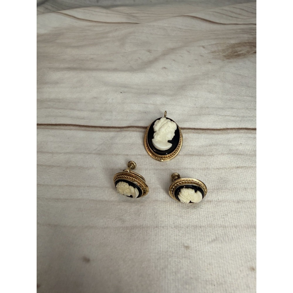 Vintage Van Dell 12K Gold Filled Cameo Brooch Necklace Pendant &‎ Earrings Set